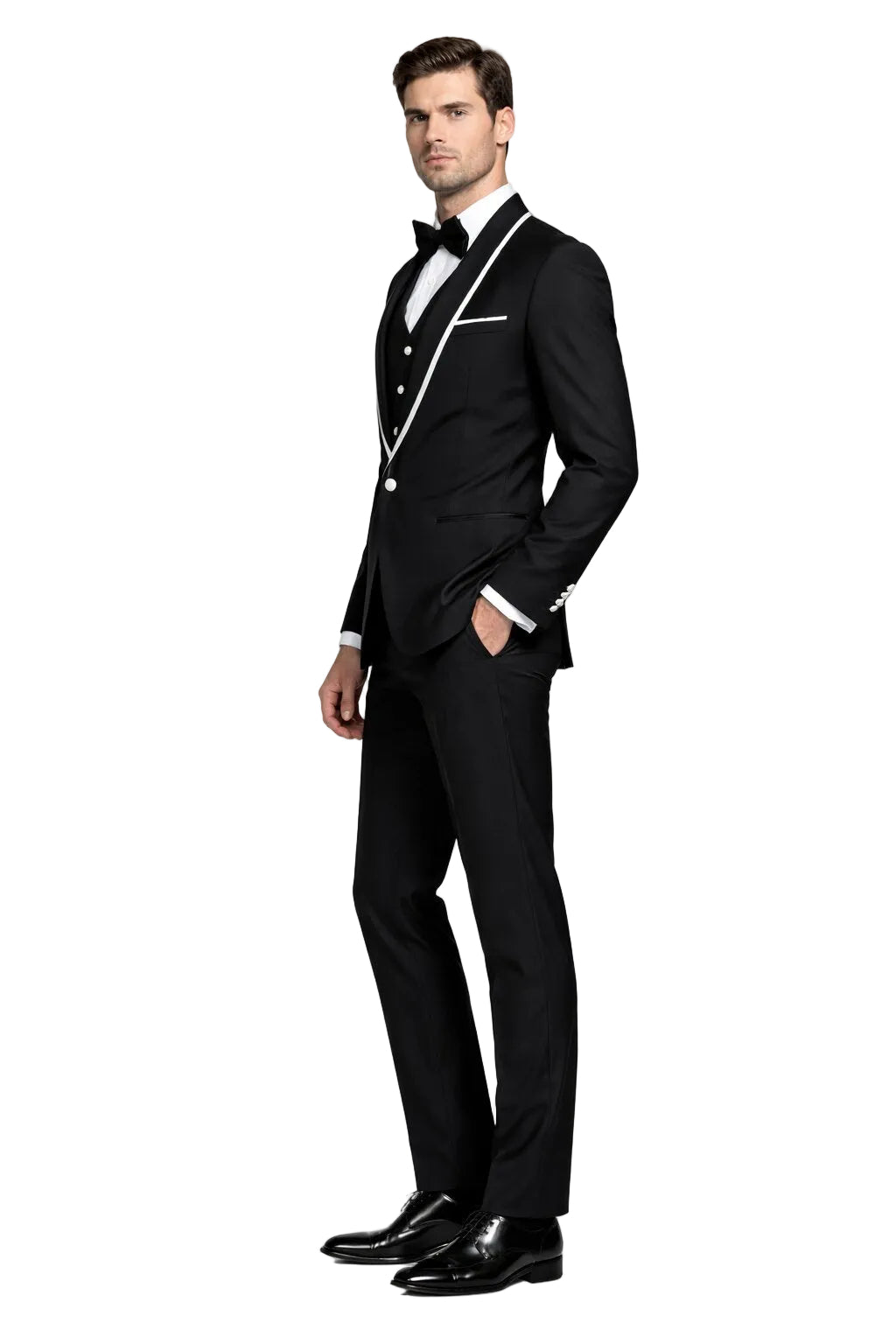 Mens One Button Satin Trim Shawl Tuxedo in Black & White