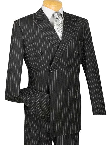 Black Double Breasted Pinstripe  2 Button  Suit