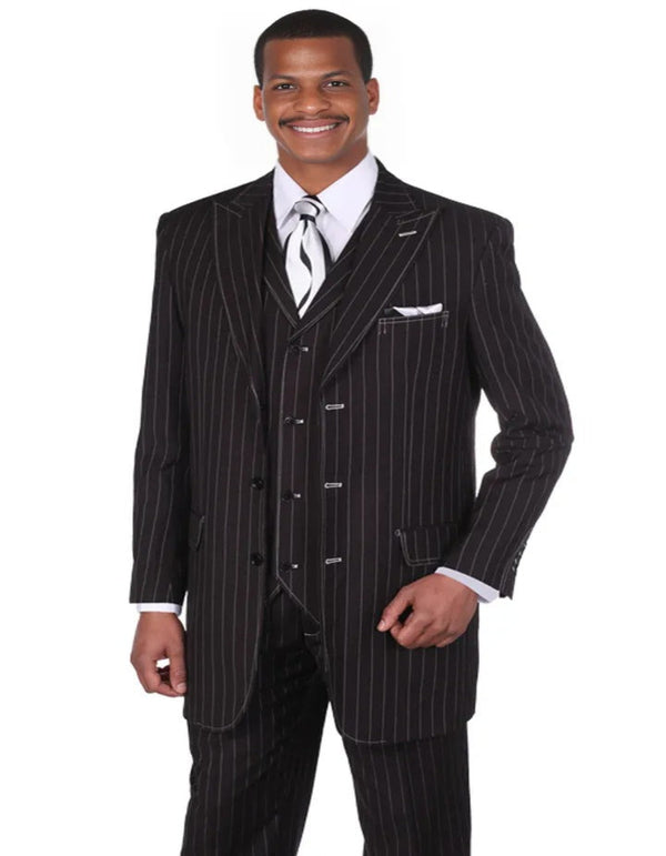 Mens Vintage Vested Gangster Bold Pinstripe Fashion Black and White Suit