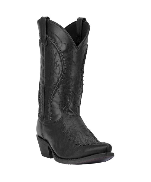 Laredo Men's Laramie black leather boot. Tall shaft, pointed toe, block heel. Intricate side stitching. Black leather. Pull tabs for easy wear.
