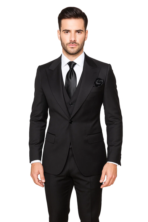 Classic fit black suit. 100% wool. Single-breasted jacket with two pockets. Baggy, pleated, wide-leg pants.
