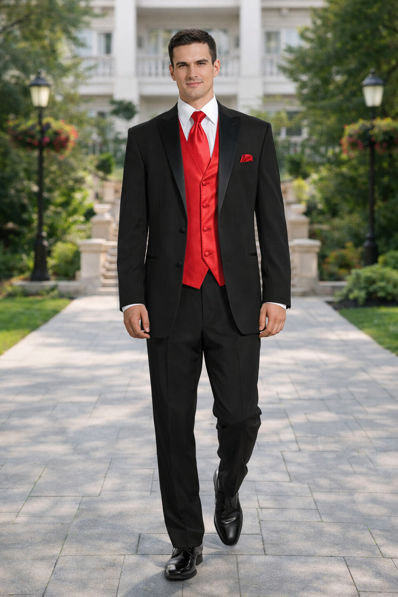 Black Suit With Red Vest and Tie Set