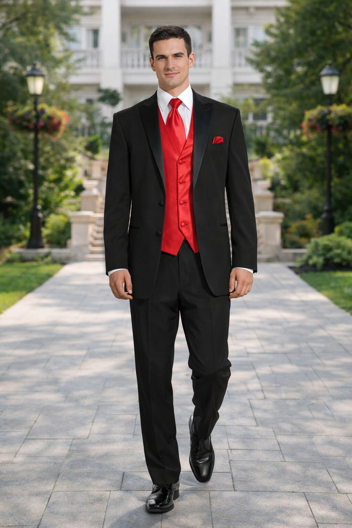 Black Suit With Red Vest and Tie Set