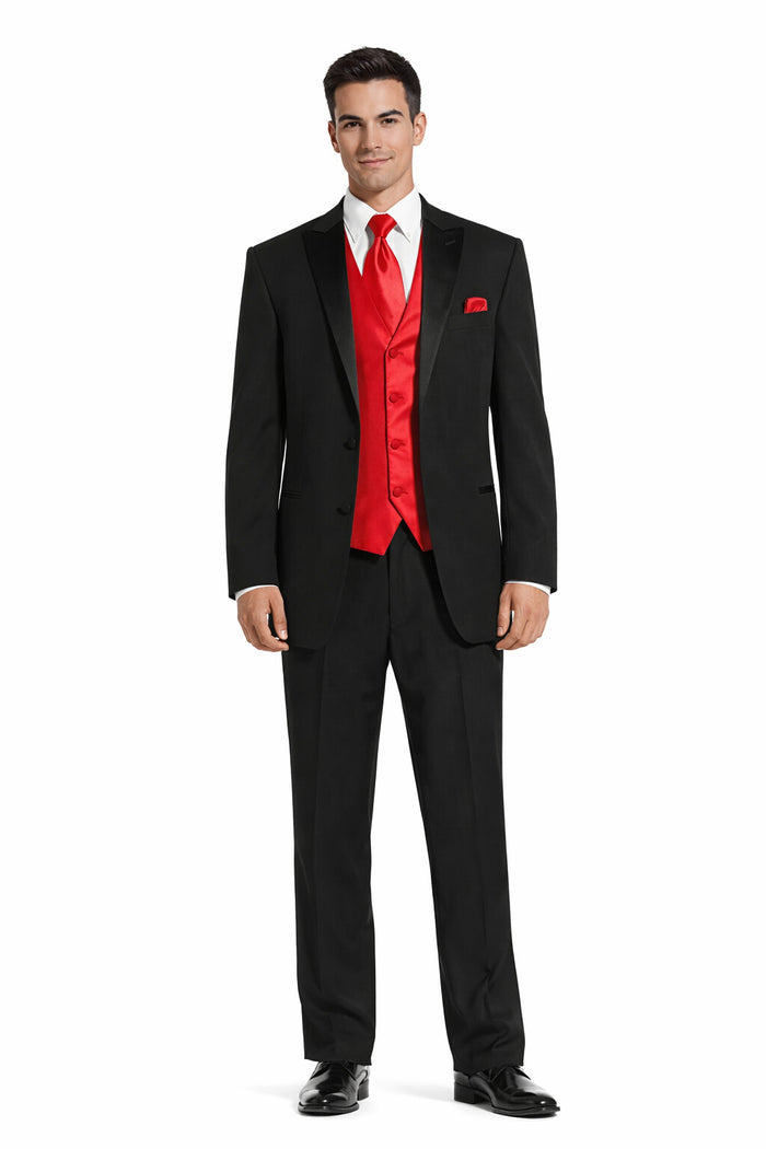 Men's Black Suit with Red Vest and Tie Set