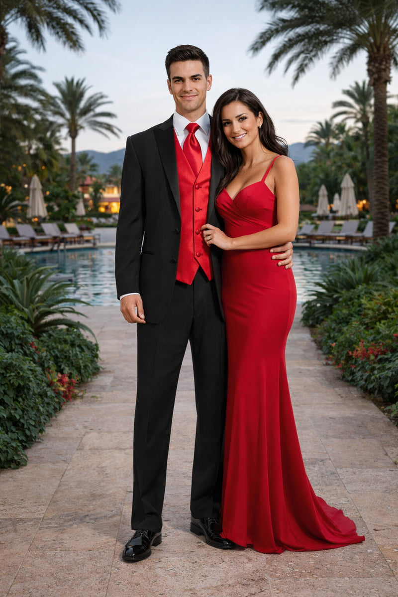 Black Suit With Red Vest and Tie Set