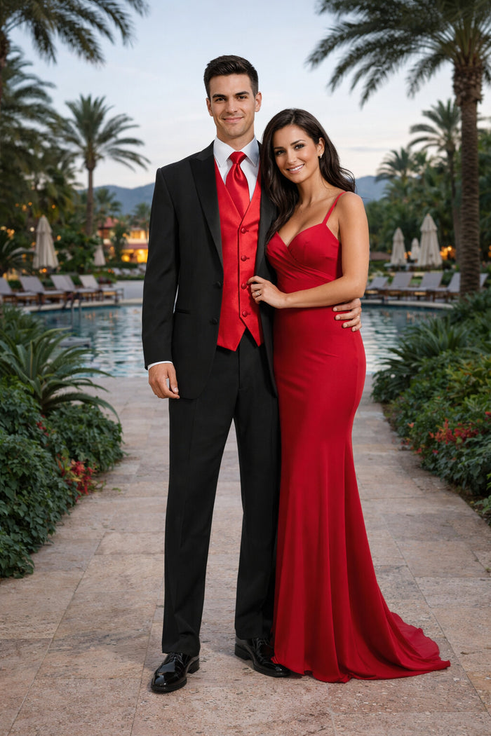 Black Suit With Red Vest and Tie Set