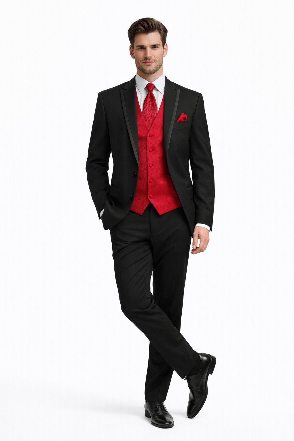 Black Suit With Red Vest and Tie Set