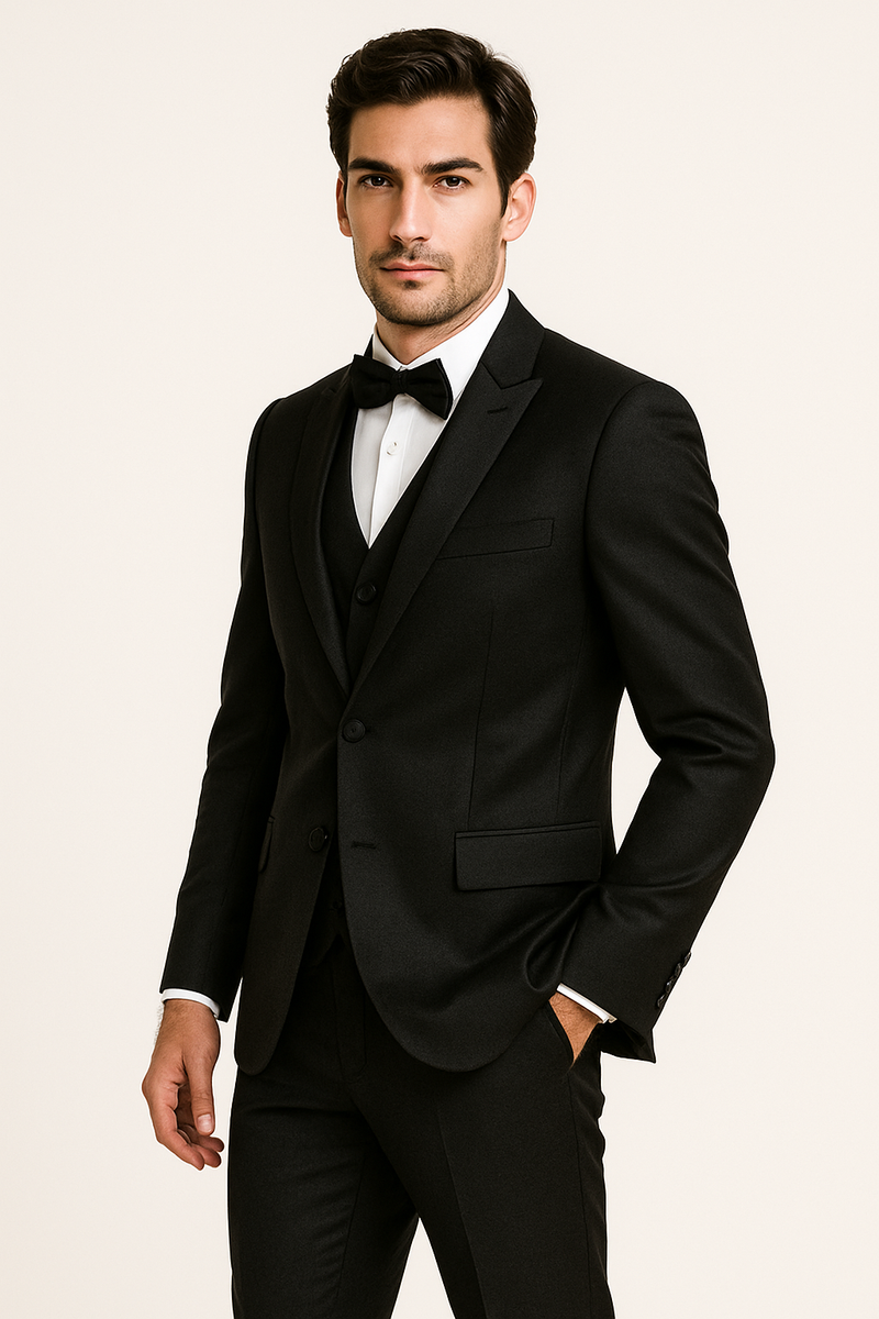 Classic black tuxedo set: fitted jacket (lapel, pockets), matching trousers. Includes white dress shirt & black bow tie. Solid black, smooth texture. Formal & elegant.
