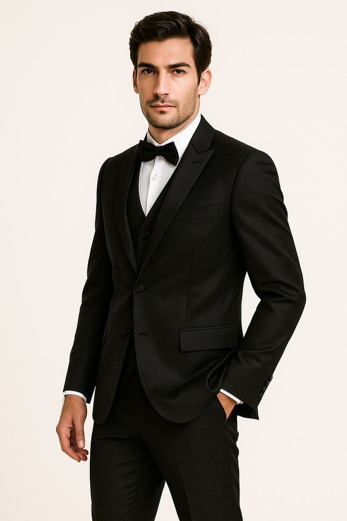 Classic black tuxedo set: fitted jacket (lapel, pockets), matching trousers. Includes white dress shirt & black bow tie. Solid black, smooth texture. Formal & elegant.
