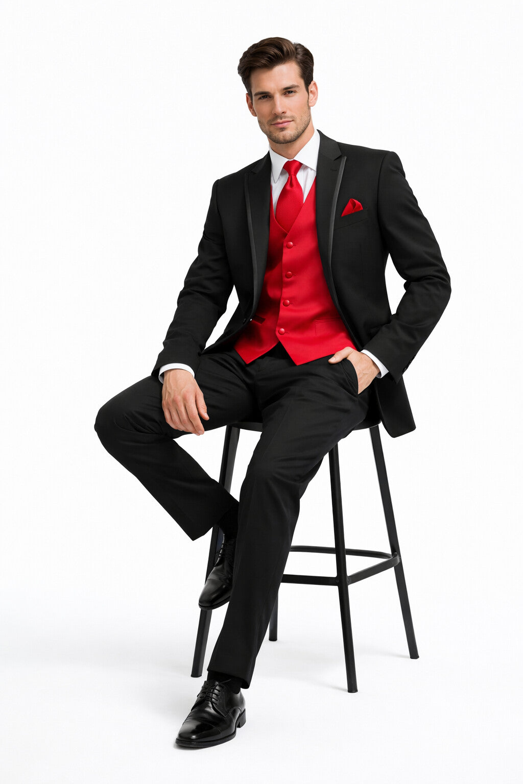 Black Suit With Red Vest and Tie Set