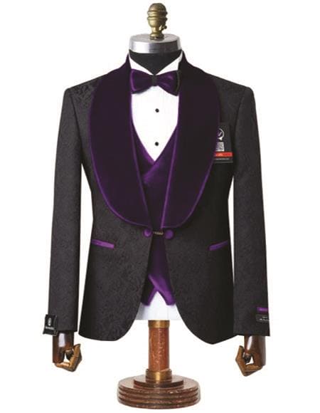 Mens Black With Dark Purple Velvet Lapel 3-Piece Tailored-Fit Tuxedo