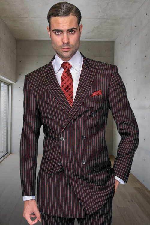 Black and red pinstripe double-breasted suit featuring a sharp lapel, two rows of buttons, and a neatly tailored fit. Stripes run vertically down the fabric, enhancing its structured shape.