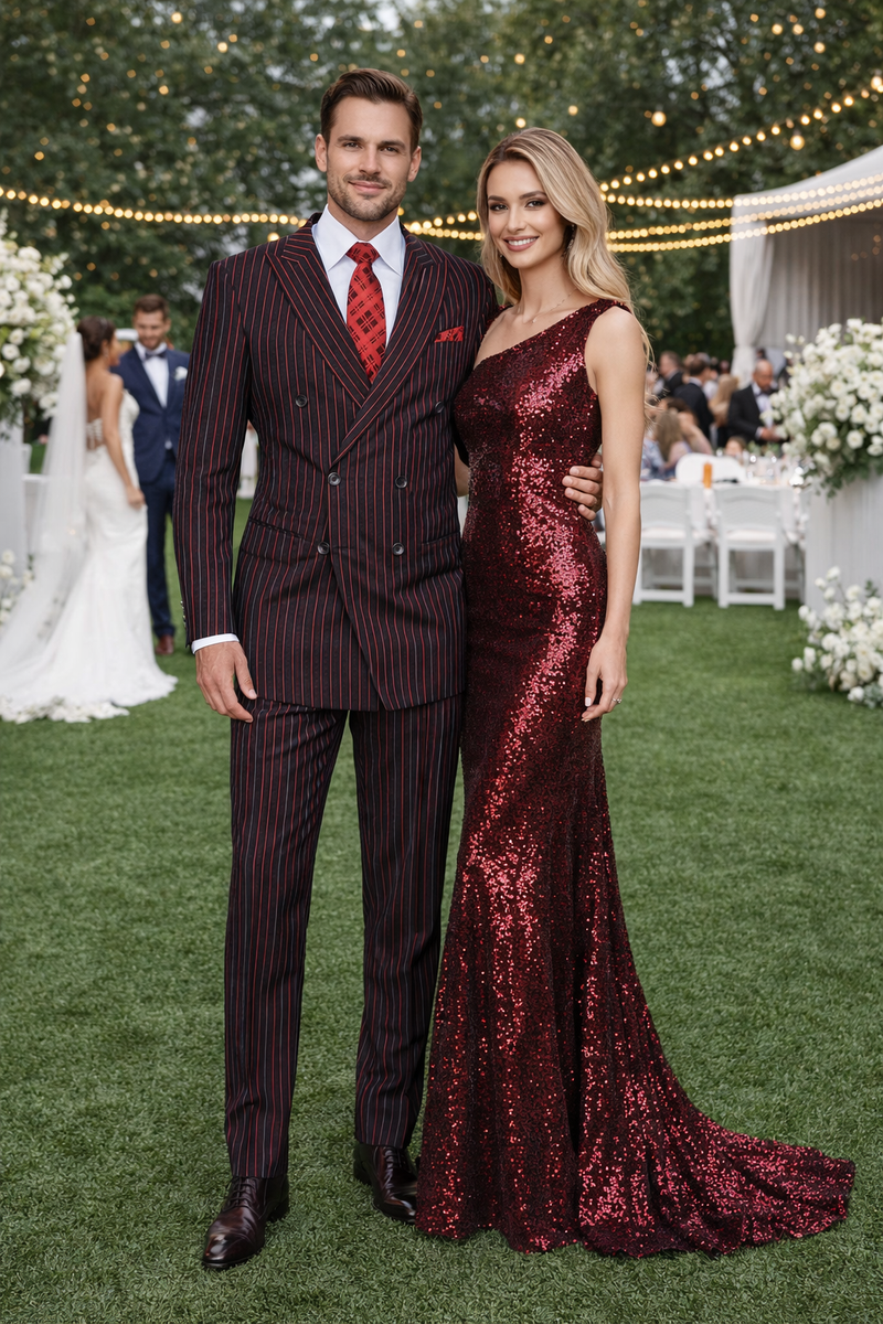 Black and red pinstripe double-breasted suit featuring a fitted silhouette, notched lapels, and two rows of buttons, complemented by tailored trousers.