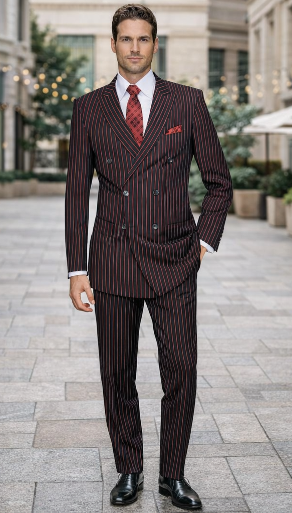 Black and red pinstripe double-breasted suit. The jacket features a wide lapel, two rows of buttons, and a tailored fit. The pants are straight-cut, matching the jacket's pinstripe pattern.