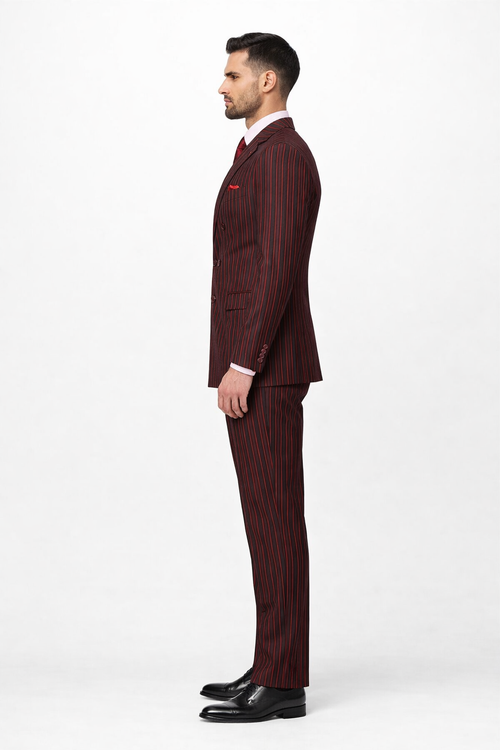 The black and red pinstripe double-breasted suit features vertical stripes on a dark base. The suit comprises a fitted jacket with two rows of buttons and matching trousers.