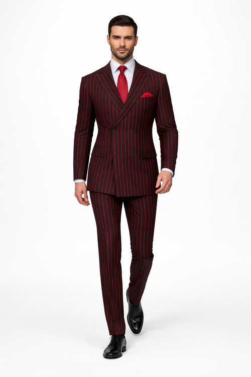 Black and red pinstripe double-breasted suit features a tailored jacket with wide lapels and two rows of buttons, paired with slim-fit trousers.