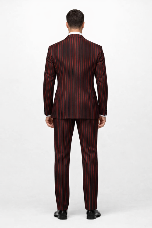 A black and red pinstripe double-breasted suit features vertical stripes, tailored fit, and a structured collar. The jacket has two rows of buttons, and the trousers are slim-fit.