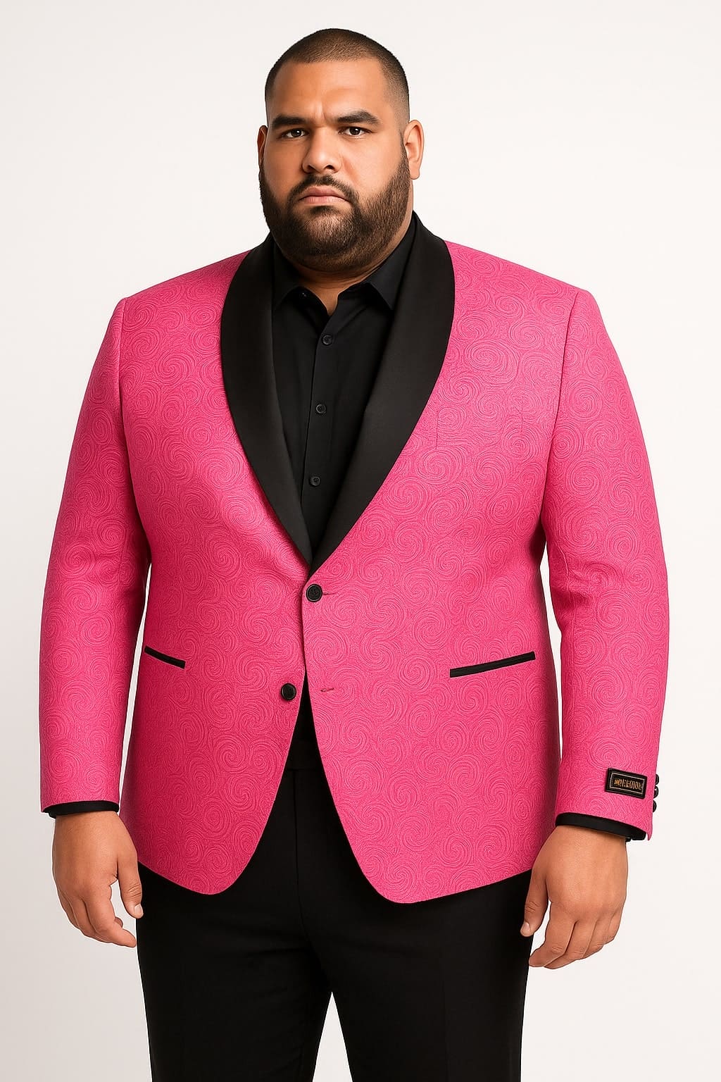 Men’s Hot Pink Tuxedo Suit With Black Pants Paisley Patter with Black Shawl Lapel - Fuchsia Color Prom Suit