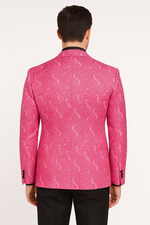 Men’s Hot Pink Paisley Tuxedo Blazer with Black Shawl Lapel Fuchsia Color Dinner Jacket Perfect for Prom