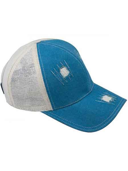 Blue distressed fabric front, off-white mesh back baseball cap. Curved bill, structured crown. Casual, stylish design.
