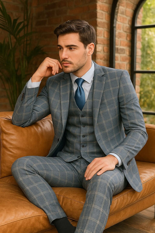 Mens Blue Windowpane Checkered Slim Fit Suit â€“ 3 Piece Stretch Business Suit