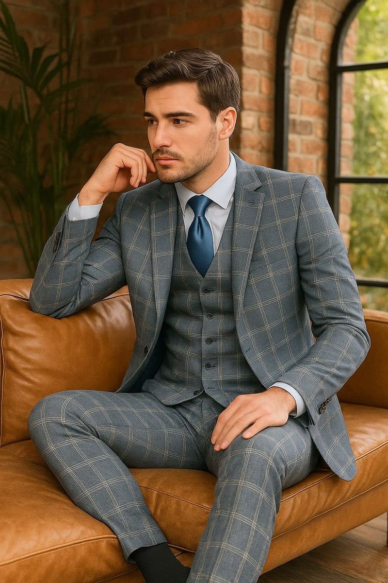 Mens Blue Windowpane Checkered Slim Fit Suit â€“ 3 Piece Stretch Business Suit