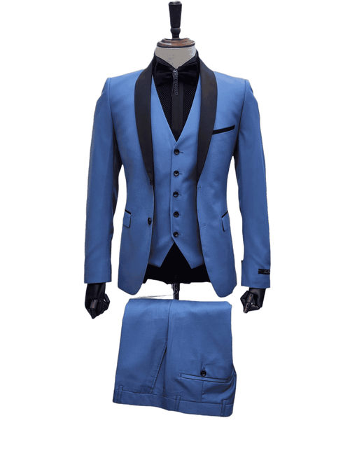 Men's Light Blue Tuxedo 3-Piece Suit with Black Shawl Lapel – Formal Wedding & Prom Attire in Steel Blue