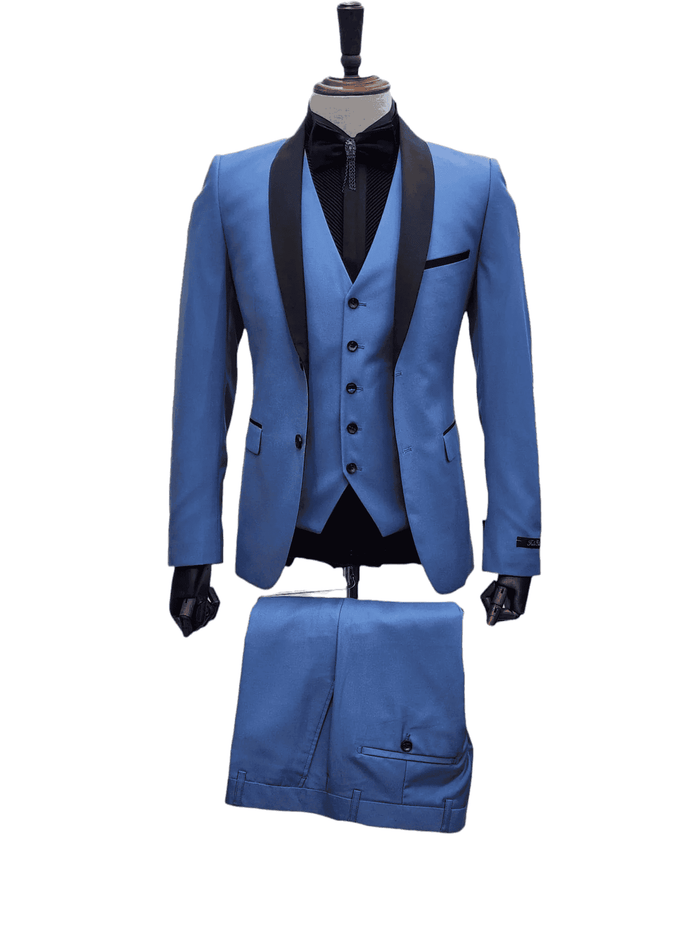 Steel Blue 3-Piece Slim Fit Suit with Black Shawl Lapel – Wedding & Formal Attire, Light Blue Color