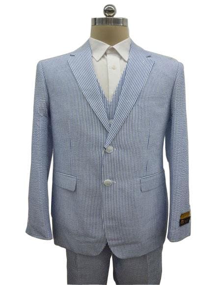Men's Notch Label Blue Summer Seersucker Fabric Jacket + Pants 3 Piece Notch Lapel Suit