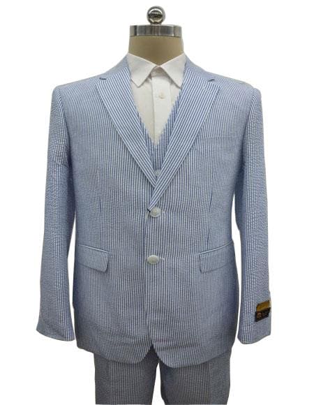 Men's Notch Label Blue Summer Seersucker Fabric Vested 3 Piece Notch Lapel Suit