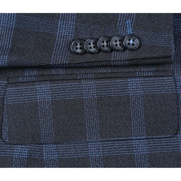 Stretch performance Single Breasted Slim Fit Charcoal and Blue Plaid Suit