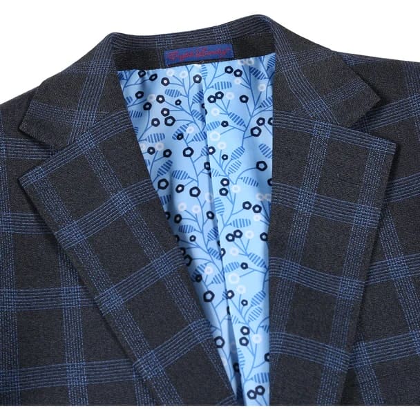 Stretch performance Single Breasted Slim Fit Charcoal and Blue Plaid Suit