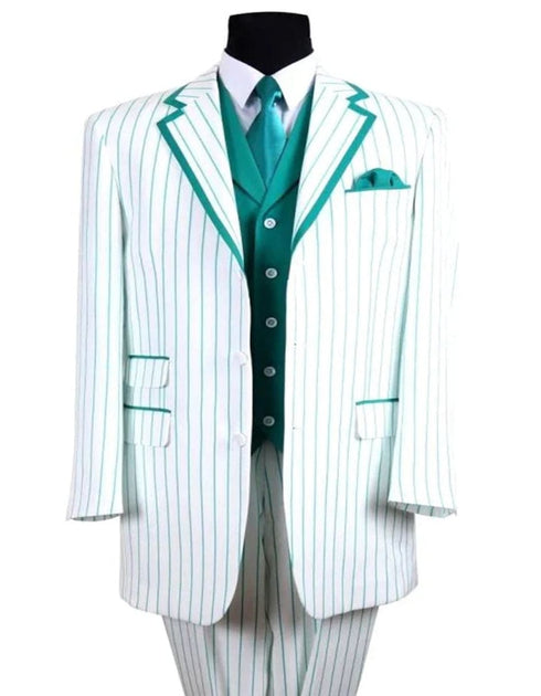 Mens 3 Button Vested Barbershop Quartet White with Turquoise Pinstripes Suit