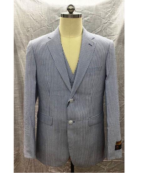 Men's Notch Label Blue Summer Seersucker Fabric Vested 3 Piece Suit