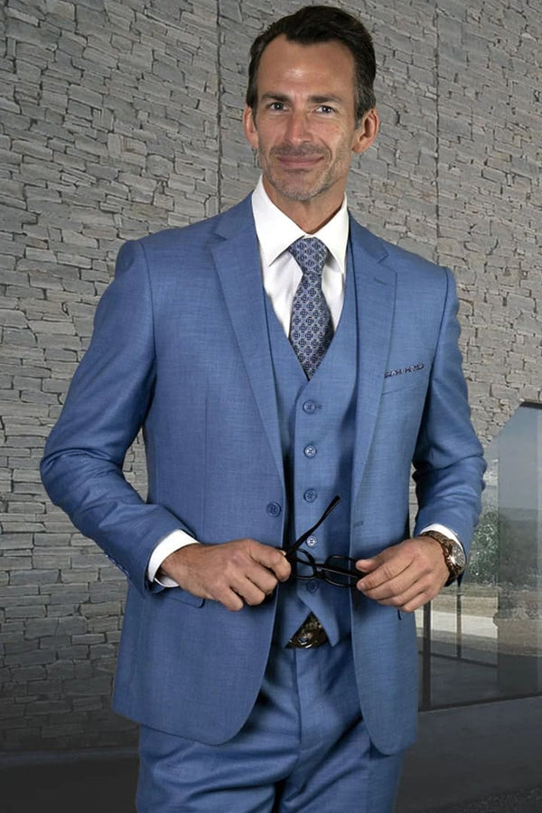 Mens Italian Suit - Men's Designer Modern Fit Vested Wool Sharkskin Steel Blue Suit