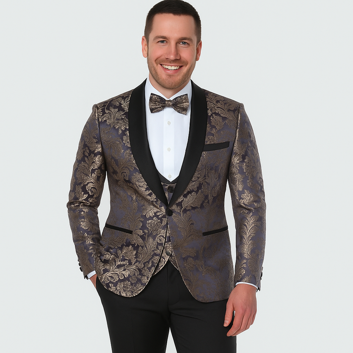 Gold Prom Suit – Gold Blazer with Matching Pants & Blue Patterned Vest, 4-Piece Set