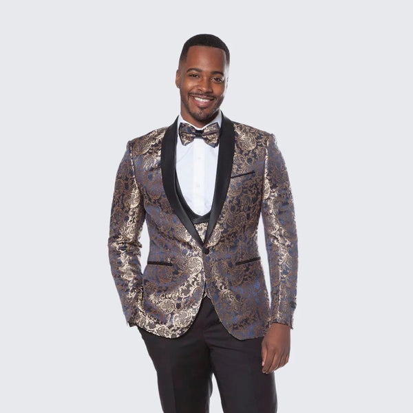 Gold Suit For Prom - Gold Blazer + Matching Pants + Blue Tuxedo with Gold Pattern Four Piece Set - Wedding - Prom