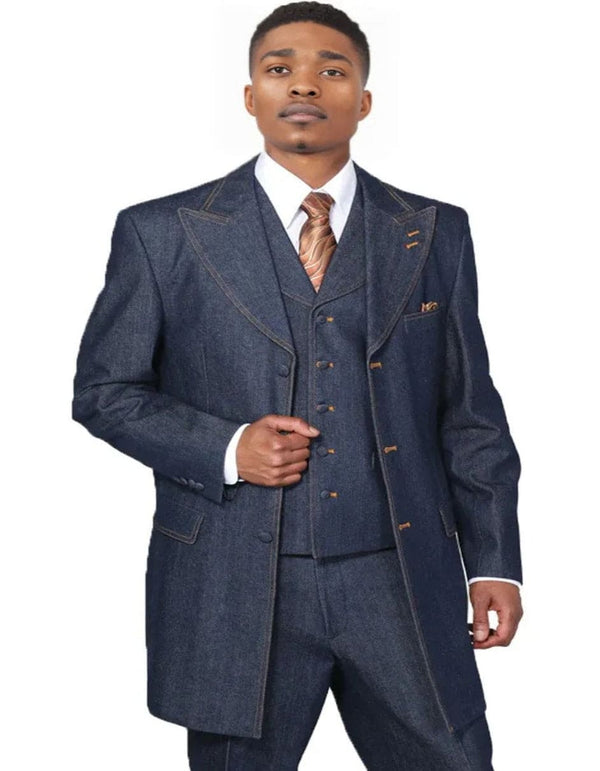 Mens Long Vested Denim Jeans Fashion Blue Zoot Suit