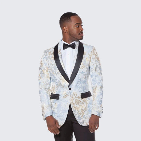 Gold Suit For Prom - Gold Blazer + Matching Pants + Blue and Gold Tuxedo Jacket with Fancy Pattern Shawl Lapel - Wedding - Prom