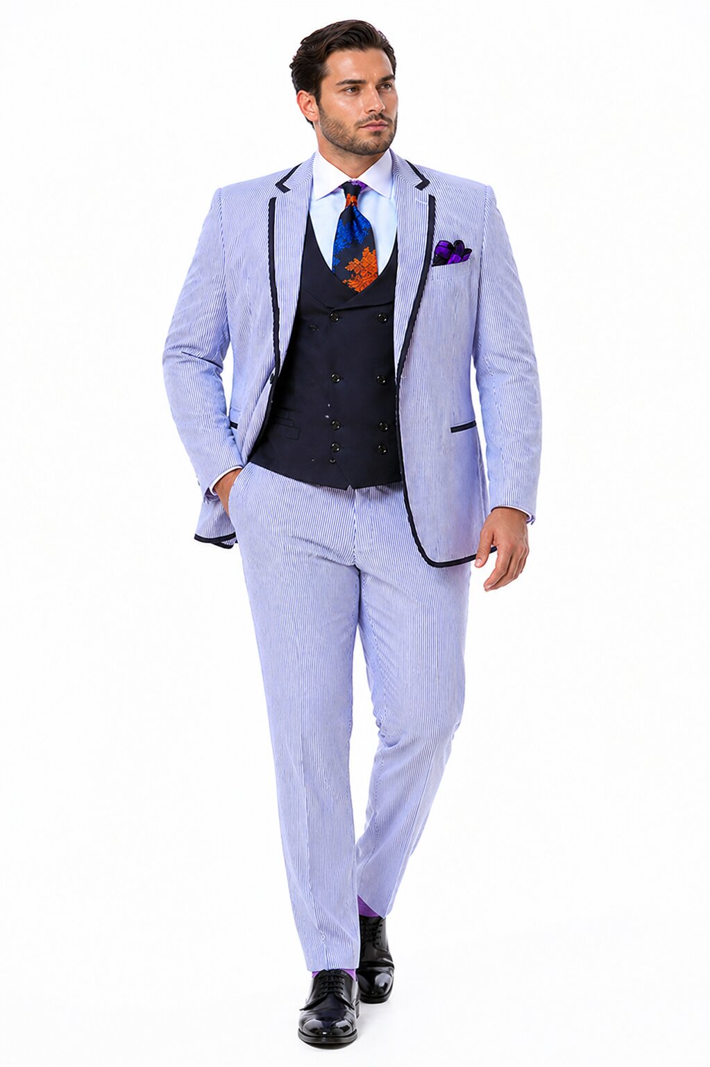 Men's One Button Vested Fashion Seersucker Suit with Double Breasted Vest in Blue