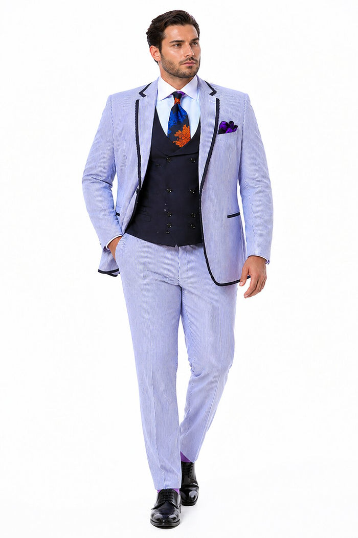 Men's One Button Vested Fashion Seersucker Suit with Double Breasted Vest in Blue