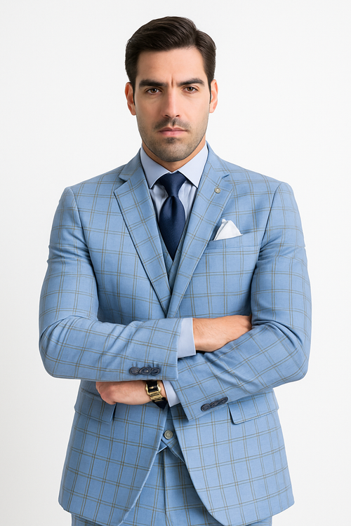 Lazio Collection - Modern Fit Windowpane Suit 3 Piece in Light Blue