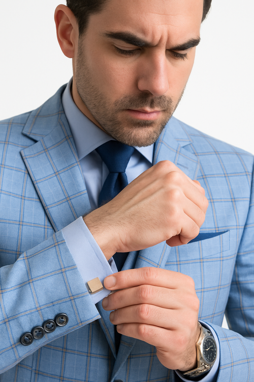 Lazio Collection - Modern Fit Windowpane Suit 3 Piece in Light Blue