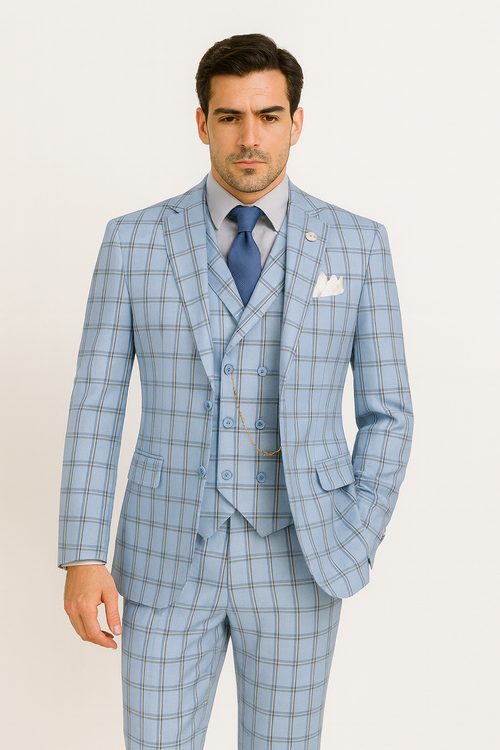 Lazio Collection - Modern Fit Windowpane Suit 3 Piece in Light Blue