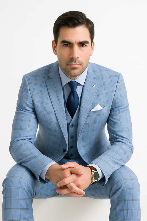 Lazio Collection - Modern Fit Windowpane Suit 3 Piece in Light Blue