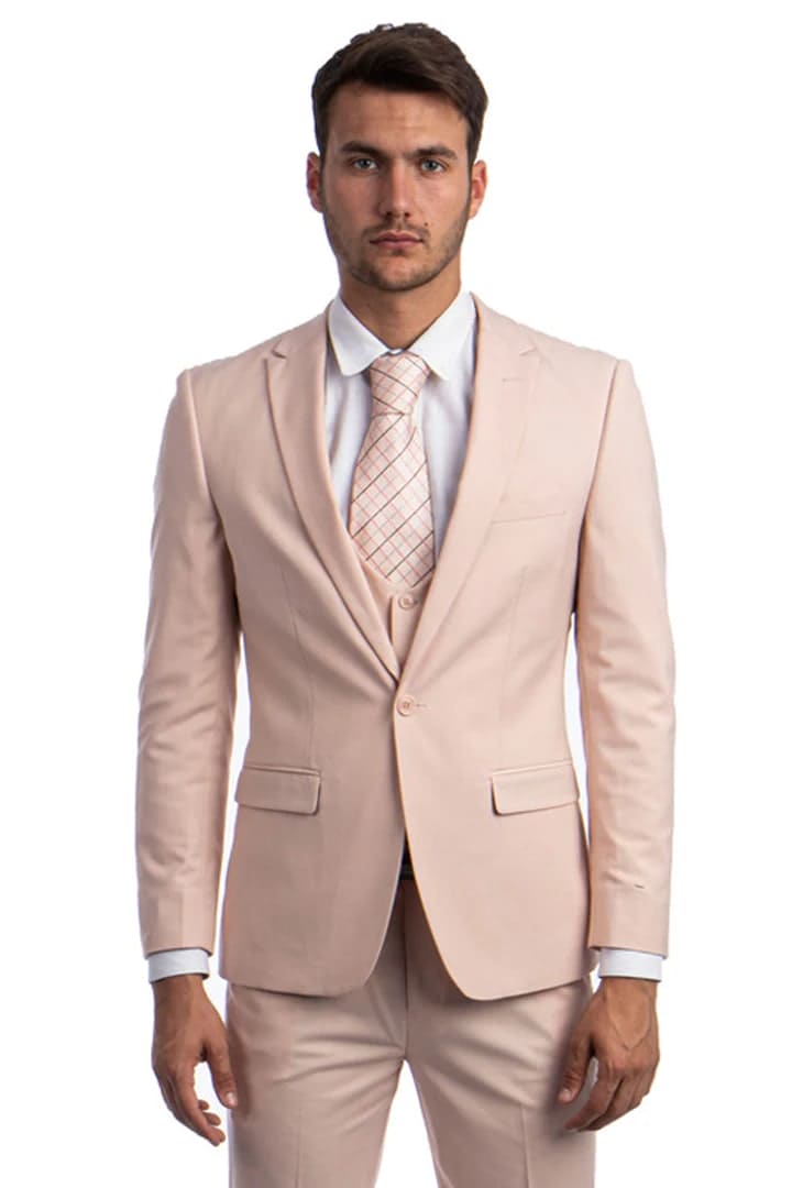 green emerald velvet dress Men's Slim Fit Pink Tuxedo Suit with Black Trim â€“ Modern Wedding and Prom 2026 Outfit Rose Gold Blush Color 34 Short or Extra Small main image 1