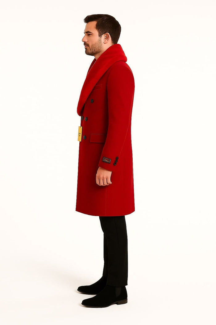 Mens Double Breasted Red Overcoat with Bold Red Faux Fur Collar â€“ Alberto Nardoni Luxury Winter Coat