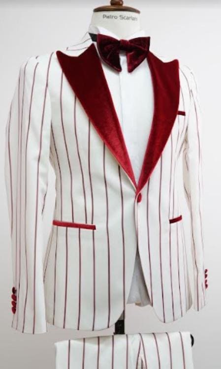 White and Red Tuxedo Bold Gangster - 1920 White And Red Pinstripe Tuxedos Suit