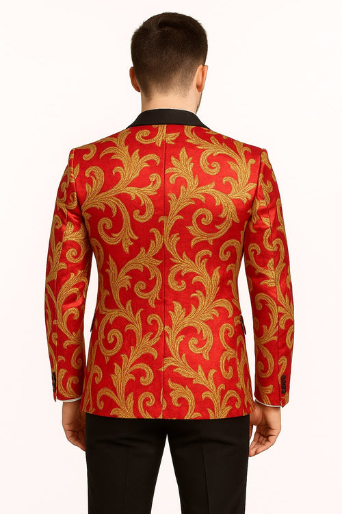 Men's Red and Gold Baroque Tuxedo Jacket with Black Satin Shawl Lapel