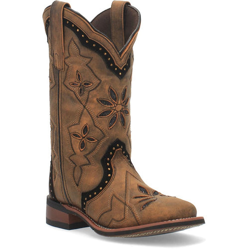 Laredo women's boots: Honey leather, square toe, tall shaft. Embossed floral patterns with dark accents and contrasting stitching. Low stacked heel, rubber outsole.
